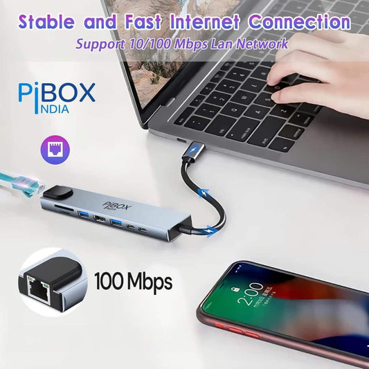LX INDIA Dock Station pibox India USB C Hub Dock 8 in 1 Aluminum Type C Adapter with 4K HDMI Port