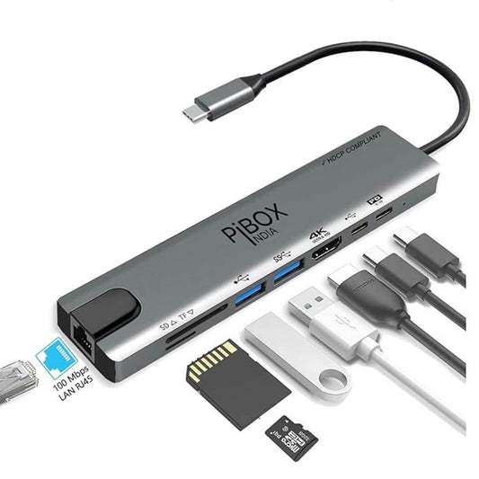 LX INDIA Dock Station pibox India USB C Hub Dock 8 in 1 Aluminum Type C Adapter with 4K HDMI Port