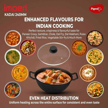 LXINDIA cookware Pigeon by Stovekraft Cast Iron Kadai with Glass Lid Medium, 24 cm