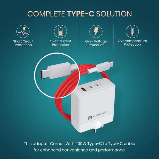 LX INDIA Mobile Charger Portronics 100W Adapto 100 GaN Fast Charging Triple Port Adaptor