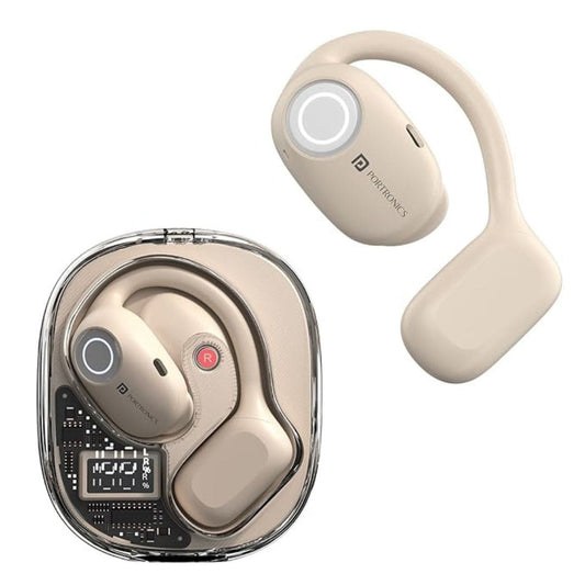 LX INDIA Earbuds Portronics Harmonics Twins 30 Over Ear OWS Smart Wireless Earbuds (Beige)