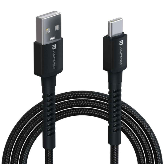 LX INDIA USB C & OTG Cables Black Portronics Konnect X 3A Unbreakable Nylon Braided USB to Type C Fast Charging Cable 2M Long