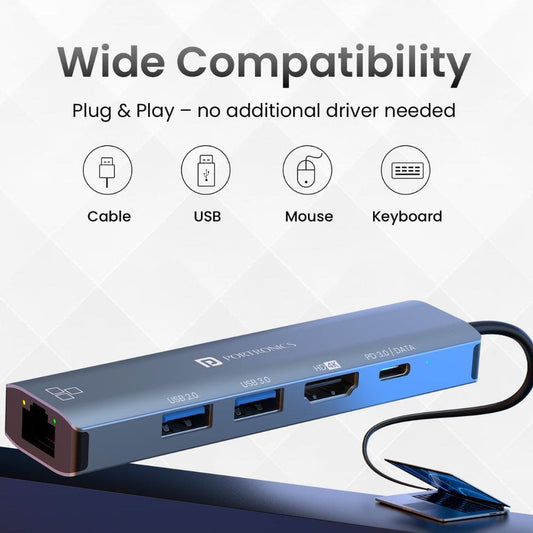 LX INDIA Dock Station Portronics Mport 51 5-in-1 Type C HUB/Docking Station
