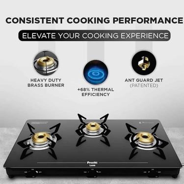 LXINDIA Gas Cooktop Preethi Luxe 3 Burner Glass Top Gas Stove With Driptray Less Infinity Design