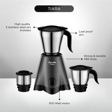 LXINDIA Grinders Preethi Tiara Mixer Grinder for Kitchen 3 Jars 500 Watt Mixie