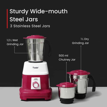 LXINDIA Grinders Prestige 500 Watts Orion Mixer Grinder with 3 Stainless Steel Jars (Red &amp; White)