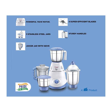 LXINDIA Grinders Prestige Iris 750Watt Mixer Grinder with 3 Stainless Steel Jar (1 Juicer Jar)