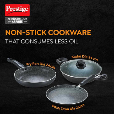 LXINDIA cookware Prestige Omega Deluxe Granite Aluminium 3 Pcs Set- Tawa, Fry Pan &amp; Kadai