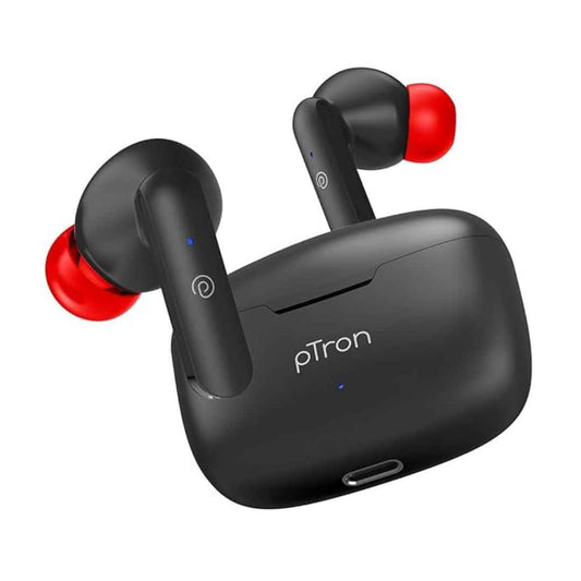 LX INDIA Earbuds pTron Basspods P81 in-Ear Wireless Earbuds (Black & Red)
