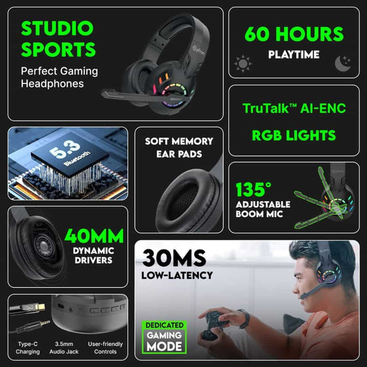 LX INDIA Headphone pTron Studio Sports Wireless BT Gaming Over-Ear Headphones