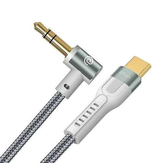 LX INDIA AUX Cables pTron Type-C to 3.5mm Aux Cable, 1.5m Nylon Braided, 90 Degree Gold-plated Connector(Grey) pack of 2