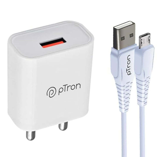 LXINDIA Mobile Charger pTron Volta 12W Single Port USB Fast Charger (1 m Micro USB Cable) White