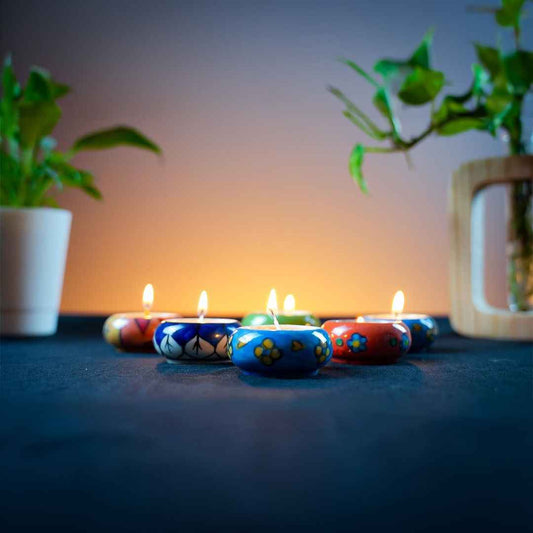 LX INDIA Candle Holders PujaNPujari Hand-Painted Ceramic Tea Light Holders (Set of 6)