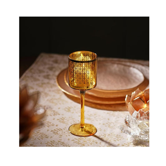 LX INDIA Candle Holders Pure Home + Living Gold Pattern Glass Stem Candle Holder