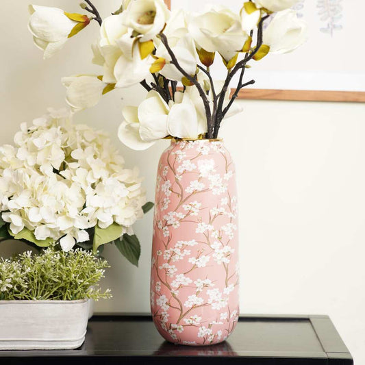 LX INDIA vases Pure Home Living Pink and White Floral Print Ceramic Vase Large