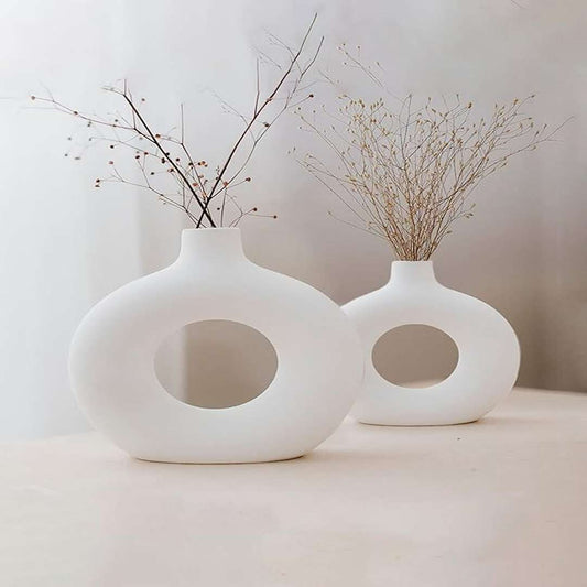 LX INDIA vases PUREZENTO Ceramic White Donut Vase 6 & 8 Inch - Set of 2