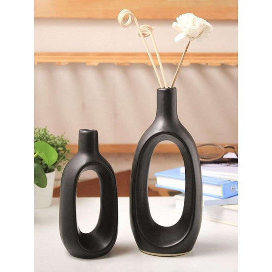LX INDIA vases Purezento Modern Kieko Vases for Home Decor  Flowers Pot (Black,8 * 6 Inch,Pack of 2), Ceramic