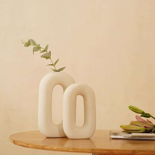 LX INDIA vases PUREZENTO White Ceramic 'Polo Donut Vase' Set of 2 (9 & 8 Inches)