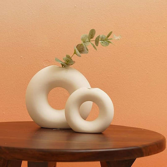 LX INDIA vases PUREZENTO White Ceramic 'Ring Donut Vase' Set of 2 (6 & 4 Inches)