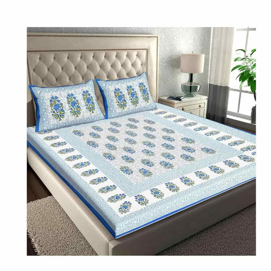 LX INDIA Bedsheet RajasthaniKart Cotton Double Bed Sheet with 2 Pillow Covers (Blue)