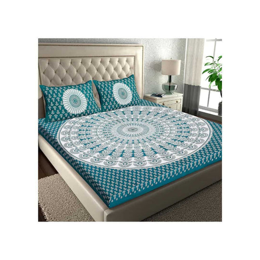 LX INDIA Bedsheet RajasthaniKart Cotton Double Bed Sheet with 2 Pillow Covers (Green Rangoli)