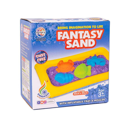 LX INDIA Beach Toys RATNA'S Fantasy Sand 500 Grams Blue Colour with Inflatable Tray, 1 Big Mould, 6 Small Moulds & 1 Toy Plastic Knife for Kids