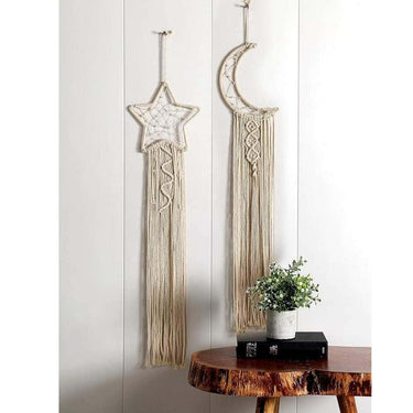 LXINDIA Wall Hanging Ravaiyaa Attitude is everything 2 PC Star and Moon Macrame Wall Tapestry (Beige)