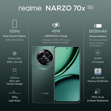 LXINDIA Smart phone realme NARZO 70x 5G 8GB RAM 128GB Storage (Forest Green)