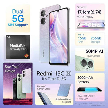 LXINDIA Smart phone Redmi 13C 5G (Startrail Silver 6GB RAM 128GB Storage)