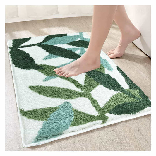 LXINDIA mats Roseate Leaves Super Soft Mat (40x60 cm) White & Green