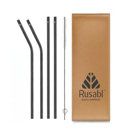 LX INDIA Reusable Straws Rusabl (Pack of 4, Black) Stainless Steel Straws with Cleaning Brush, Reusable Metal Straws, Steel Straws for Drinking Juice (2 Straight &amp; 2 Bent)