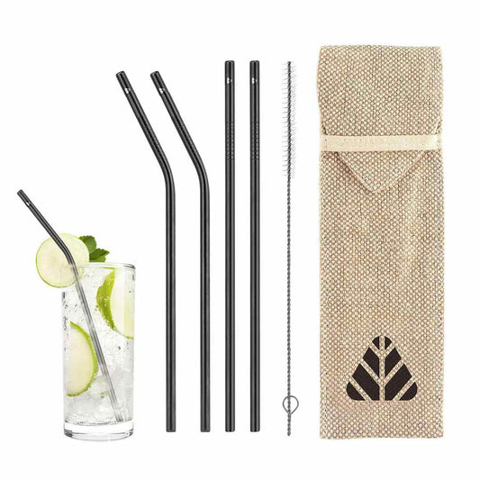 LX INDIA Reusable Straws Rusabl Pack of 4 Stainless Steel Straws with Cleaning Brush (2 Straight &amp; 2 Bent, Black)