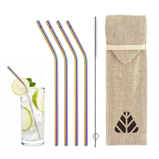 LX INDIA Reusable Straws Rusabl Pack of 4 Stainless Steel Straws with Cleaning Brush (2 Straight &amp; 2 Bent, Rainbow)