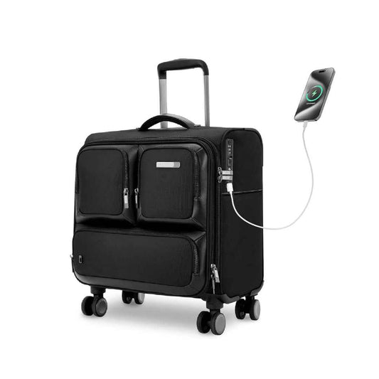 LX INDIA Travel Bag Safari Polyester Select Phoenix Overnighter Laptop 8 Wheel Spinner Soft Trolley Bag with TSA Lock and Laptop Compartment, Front Open , small , Black