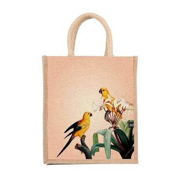 LXINDIA Bag Sangra Multicolor Jute Lunch Bag with Zip and Handle (birds) pack of 2