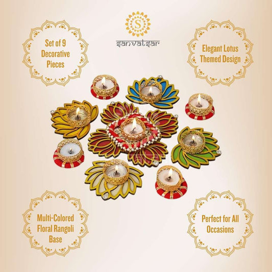 LX INDIA Rangoli Sanvatsar Home Decorative Lotus Rangoli & Lotus Diya Set ORANGE