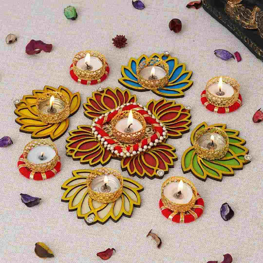 LX INDIA Rangoli Sanvatsar Home Decorative Lotus Rangoli & Lotus Diya Set ORANGE