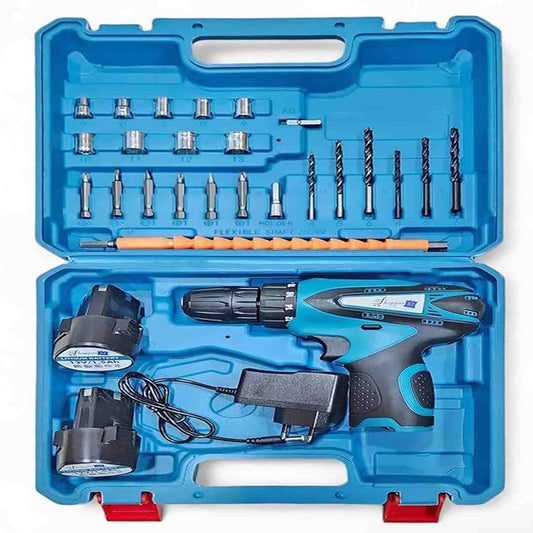 LX INDIA Drill Kit Shopper52 10MM Cordless Drill Kit Set - Blue High Speed Battery Powered Wall Drilling Machine with 12V Li-ion Batteries