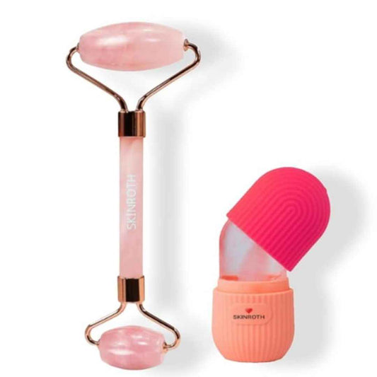 LX INDIA Face Massager SKINROTH Luxurious Rose Quartz Facial Roller and Silicone Ice Massage Roller Mold (Light Pink)