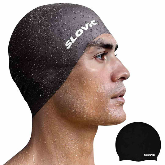 LX INDIA HEAD CAPS Slovic Swimming Cap for Men & Women [Black]