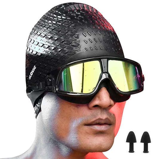 LX INDIA swimming set SLOVIC Swimming Goggles & Black Embossed Swimming Cap for Adults