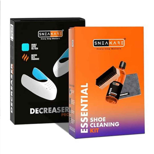 LX INDIA Shoe cleaning set SNEAKARE Essential Shoe Cleaning Kit - 100 ml Shoe Cleaner, 1 Medium Bristle Brush & 1 Mircrofiber Towel I Decreaser Pro Large Crease Protector - 1 Pair Anti-Crease Protectors for UK7-12