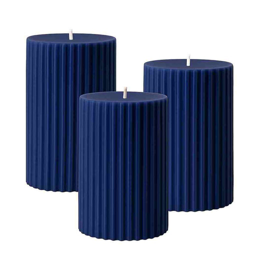 LXINDIA Candle Navy Blue Soy Wax Pillar Candle Set of 3 Pcs Ribbed Pillar Candles for Home Decor Diwali