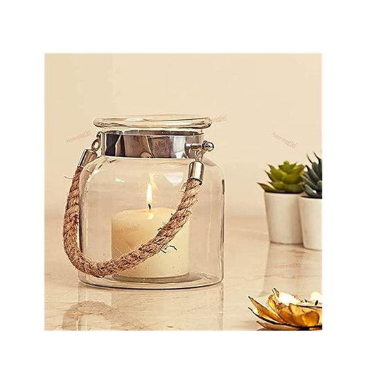 LX INDIA Candle Holders SPHINX Glass Hanging Zar Lantern With Rope Candle Holder
