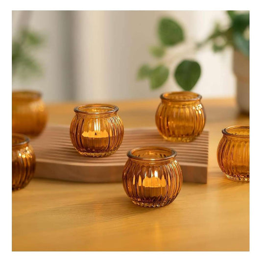 LX INDIA Candle Holders SPHINX Glass Votive Candle Holder for Home Decorations (Amber, Ribbed Round, 4 Pieces)