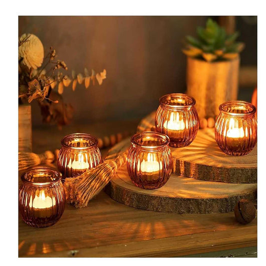 LX INDIA Candle Holders SPHINX Glass Votive Candle Holder for Home Decorations (Amber, Ribbed Round, 4 Pieces)