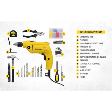 LXINDIA Drill Kit STANLEY SDH550KP 550W 10mm Corded Single Speed Hammer Drill Machine and Hand Tool Kit