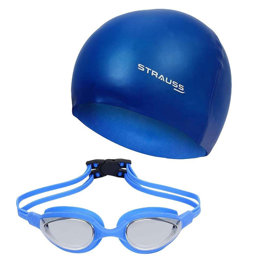 LX INDIA swimming set STRAUSS Swimming Set with UV and Anti Fog Protection Goggles, Swim Cap, Earplug and Nose Plug Set blue