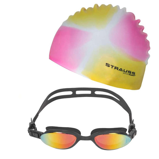 LX INDIA swimming set STRAUSS Swimming Set with UV and Anti Fog Protection Goggles, Swim Cap, Earplug and Nose Plug Set