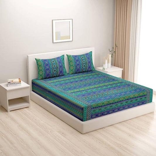 LX INDIA Bedsheet Swayam Cotton Double Fitted Bedsheet with 2 Pillow Covers (Blue shades)